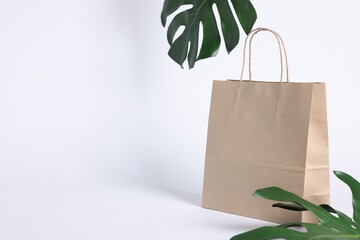Eco friendly packaging. Paper bag and leaves on white background, space for text