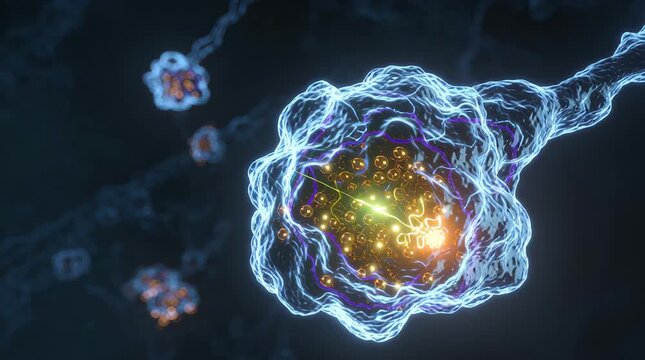 Continuous motion of neurons firing signals, showcasing vibrant energy and glowing connections in a dark environment