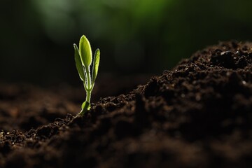 Young plant with green leaves growing from soil outdoors, closeup. Space for text