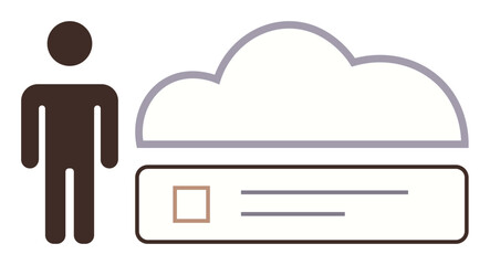Person standing near cloud symbol and checklist represents data access, digital storage, cloud management. Ideal for technology, workflow, cloud-based solution, organization, digital integration