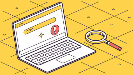 Laptop with Error Message and Magnifying Glass.