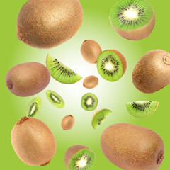 Tasty fresh kiwi fruits swirling in air against green gradient background