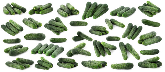 Fresh ripe cucumbers isolated on white, collage