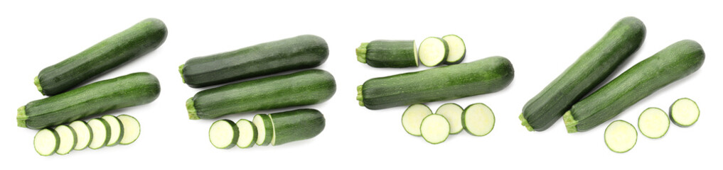 Collage of fresh ripe zucchinis on white background, top view. Whole and sliced