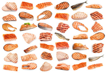Different types of grilled fish on white background, collage