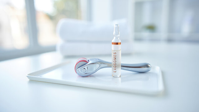 Exosome serum, exosome injections, microneedling roller, home skincare treatment, regenerative therapy, anti-aging procedure, cosmetic care, aesthetic skincare, facial rejuvenation, beauty technology