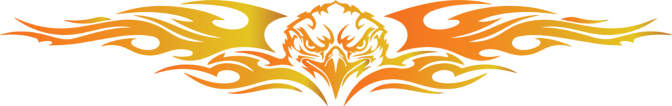 dynamic racing flame decals and speed stripes in orange and red for vehicle customization and sports graphics, eegle head