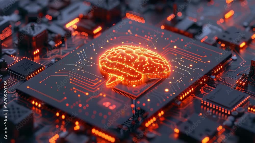 Poster a brain is prominently featured on a red-lit circuit board, symbolizing the connection between human