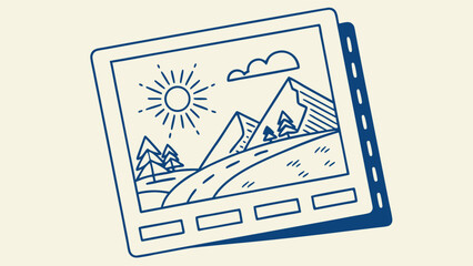 Fototapeta premium Photo Print Landscape Illustration Mountain Scenery Nature Design Travel Photography Mockup Artistic Line Art Summer Vacation Holiday Memories Photo Album Image Frame Graphic Design Element.