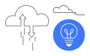 Cloud with arrows representing data exchange, abstract lightbulb symbolizing ideas. Ideal for technology, innovation, creativity, cloud computing, data sharing, business, simple landing page