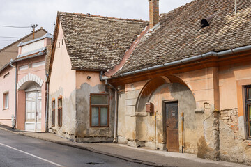 Old buildings on a street in Serbia.