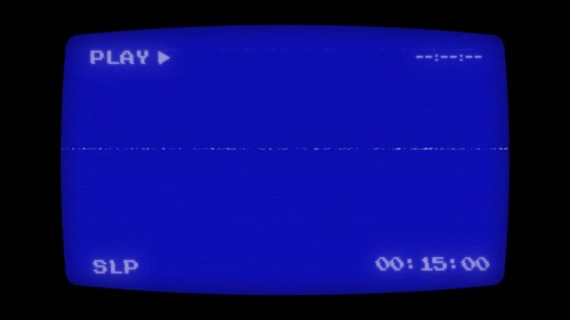 Analog VHS Blue Screen Overlay with Time Counter and Play Icon, Old CRT TV VHS Blue Play Mode with Scanlines and Distortion