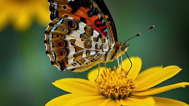 Painted lady butterfly sips nectar on yellow flower