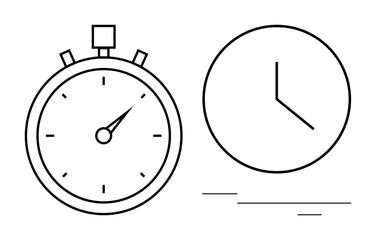 Analog stopwatch symbolizes precision, while minimalistic clock highlights general timekeeping. Ideal for productivity, scheduling, punctuality, planning, organization, workflow, simple flat metaphor
