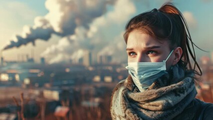 A woman wearing a face mask on an overcast day in an urban city, highlighting air pollution and health concerns.