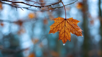 Single autumn leaf, wet with droplets, hanging from branch in blurred forest background