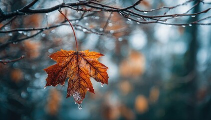 Autumn leaf, rain-drenched, hanging from branch