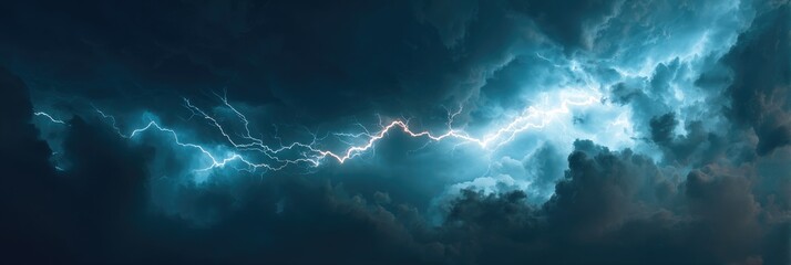 Powerful lightning striking dark stormy clouds