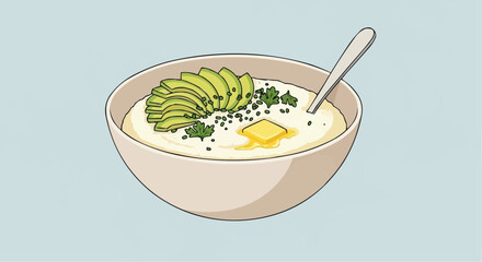 National grits for breakfast day september 2nd vector delicious avocado and grits breakfast bowl recipe with butter and parsley garnish illustration design vector