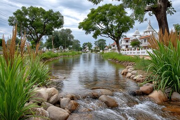 Stream flowing over stones with greenery high resolution picture