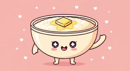 National grits for breakfast day september 2nd vector cute kawaii oatmeal breakfast bowl with butter illustration vector design for food lovers and kids art projects