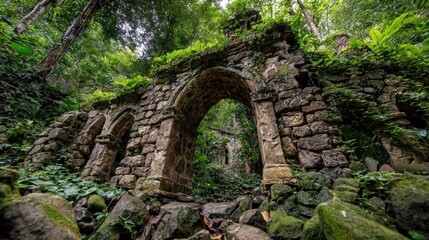 Ancient stone archway in lush forest