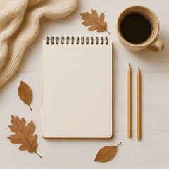 Top-down still life of spiral notebook with scarf, pencils, autumn leaves, and coffee on white wooden surface