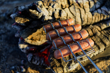 Grilled Bratwurst Sizzling Over Campfire on Wire Rack