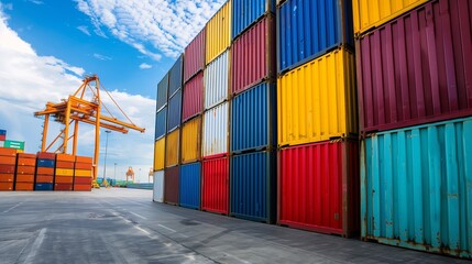 Fototapeta premium Cargo shipping port, stacked colorful containers, cranes at work.