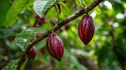 Obraz premium Deep red cacao pods hang from a branch. Lush green leaves surround the pods