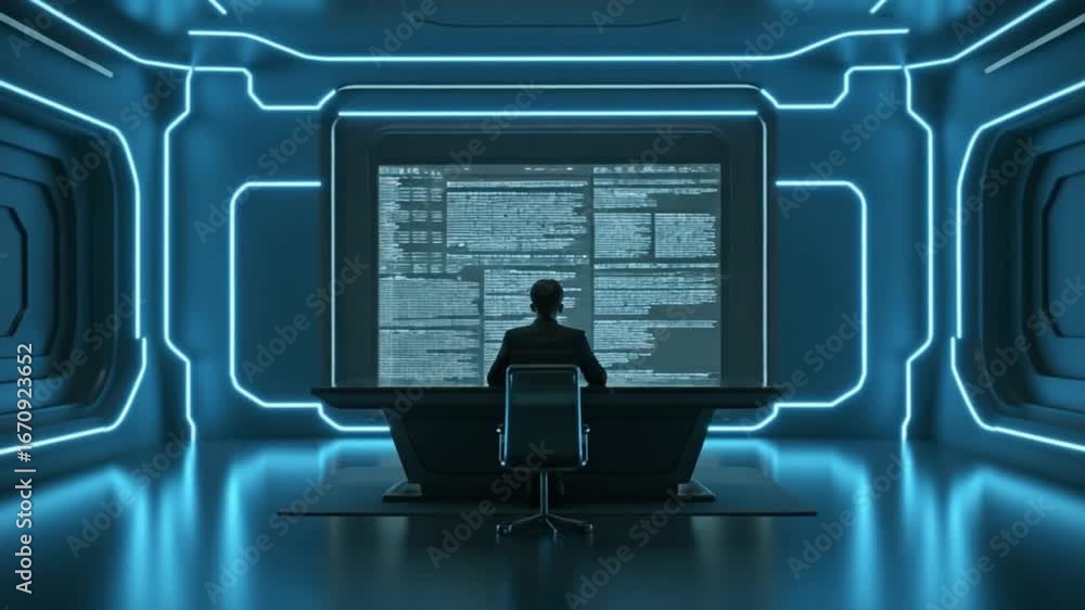 Aufkleber a hacker working on a computer in a futuristic room with glowing blue neon lights