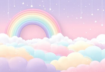 Pastel rainbow, clouds, and stars.  A whimsical, soft-focus image with a rainbow arching over a landscape of pastel-colored clouds. 
