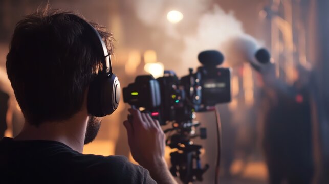 Filming action scene movie set photography dimly lit environment close-up view creative process for cinematic storytelling