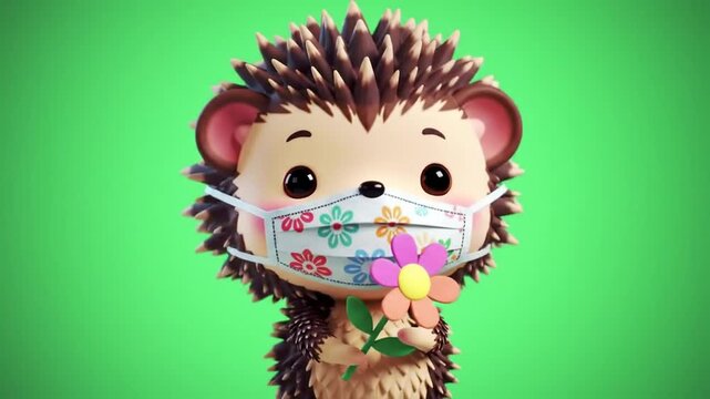 Cute hedgehog wearing mask with flower