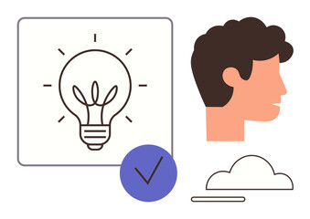 Light bulb representing ideas, human profile symbolizing creativity, cloud and checkmark for completion. Ideal for innovation, brainstorming, productivity, success, decision-making, strategy