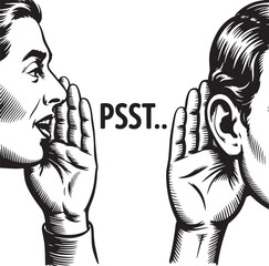 Man Whispering Secret Message to Another Man in Vintage Style gossip rumor