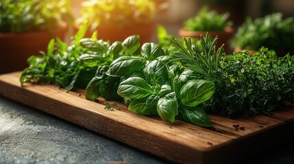 Fresh herbs on a wooden board. Vibrant green herbs like basil, rosemary, and thyme arranged on a rustic wooden cutting board.  Sunlight illuminates the fresh greenery