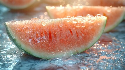 Fresh watermelon slices with water droplets