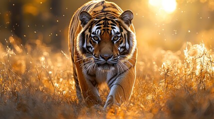 Majestic tiger strolls through golden meadow