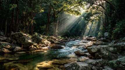 Sunlight streams through lush forest stream