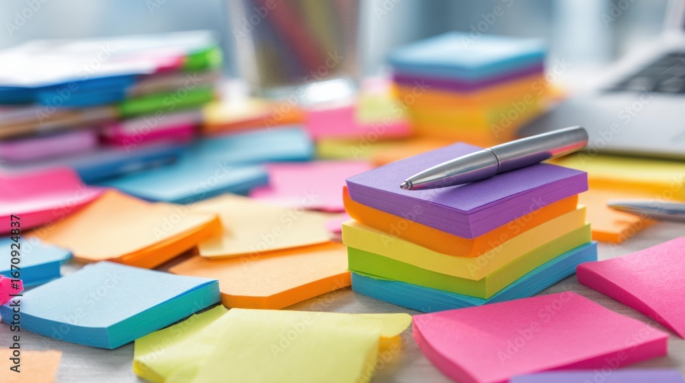 Poster colorful sticky notes and a silver pen on a desk create an organized yet vibrant workspace for brain