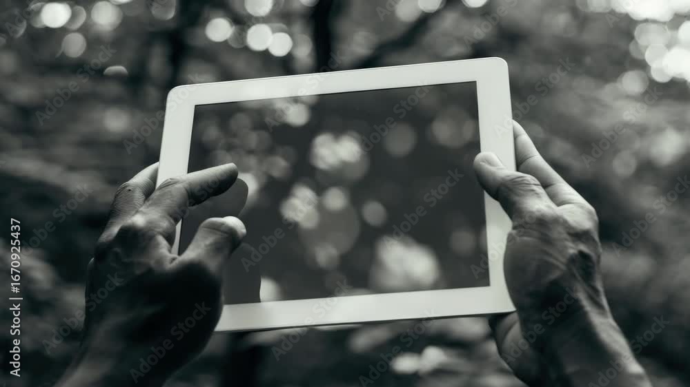 Poster Man's hand cradling a modern tablet computer, set against the backdrop of natural scenery with blurred trees and sky.