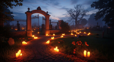 Fototapeta premium A path lit by candles leading through an ornate gate at dusk in a cemetery or garden setting