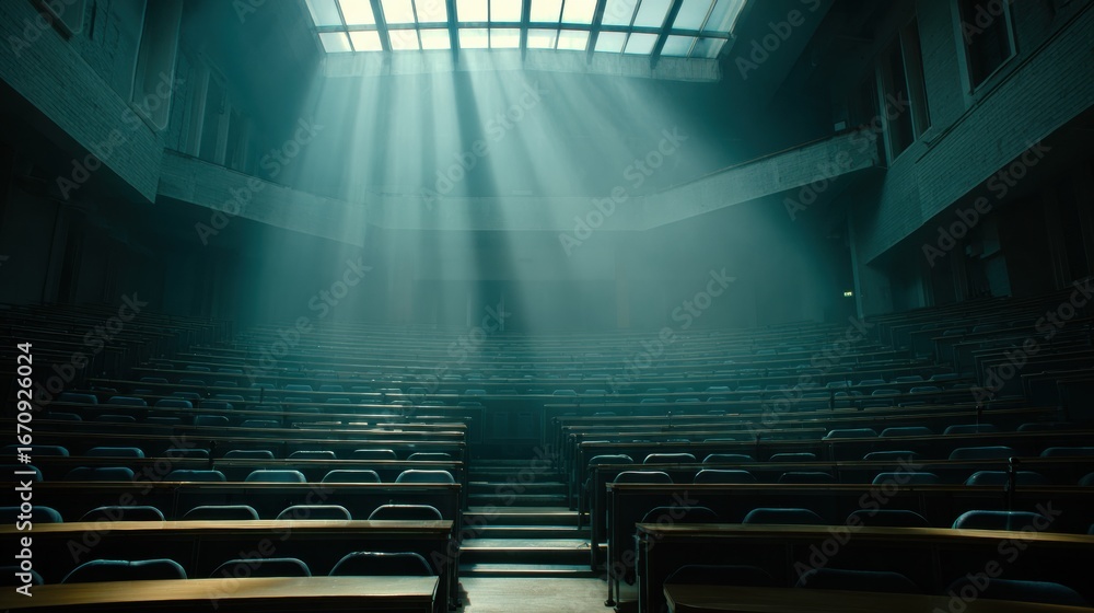 Poster Sunlight Streams Through an Abandoned Lecture Hall Creating a Dramatic Atmosphere With Empty Seats and Shadows