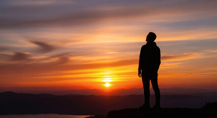 Fototapeta premium Silhouette of a person standing on a hill looking at a vibrant sunset with orange and purple sky colors