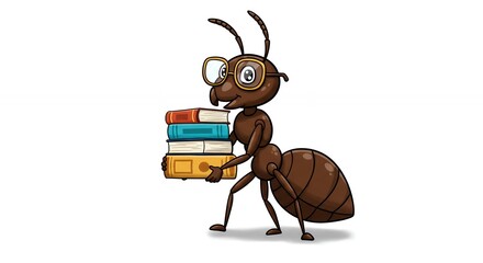 Ant carrying books cartoon illustration