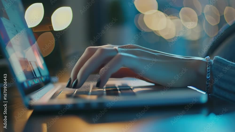 Aufkleber Hands-on keyboard using computer in dimly lit room