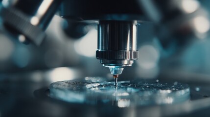 Focused medium shot of an automated cleaning nozzle removing grime from a lidar device with a blurred test chamber creating depth and emphasizing the lens surface.