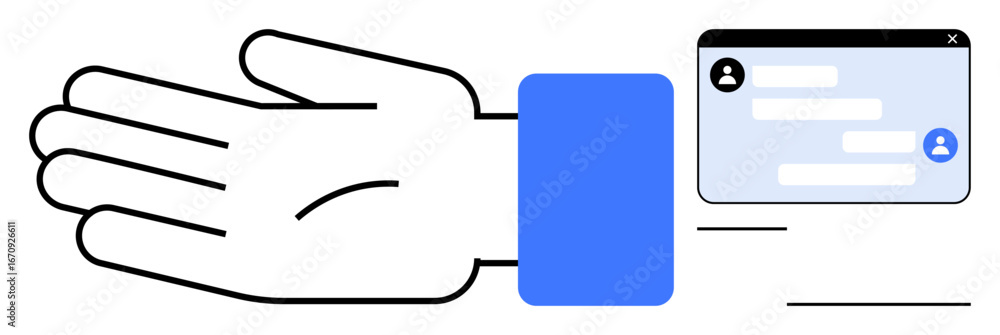 Poster open hand featuring a chat interface window with message bubbles and user profile icons. ideal for s