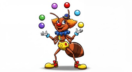 Ant juggling colorful balls cartoon illustration